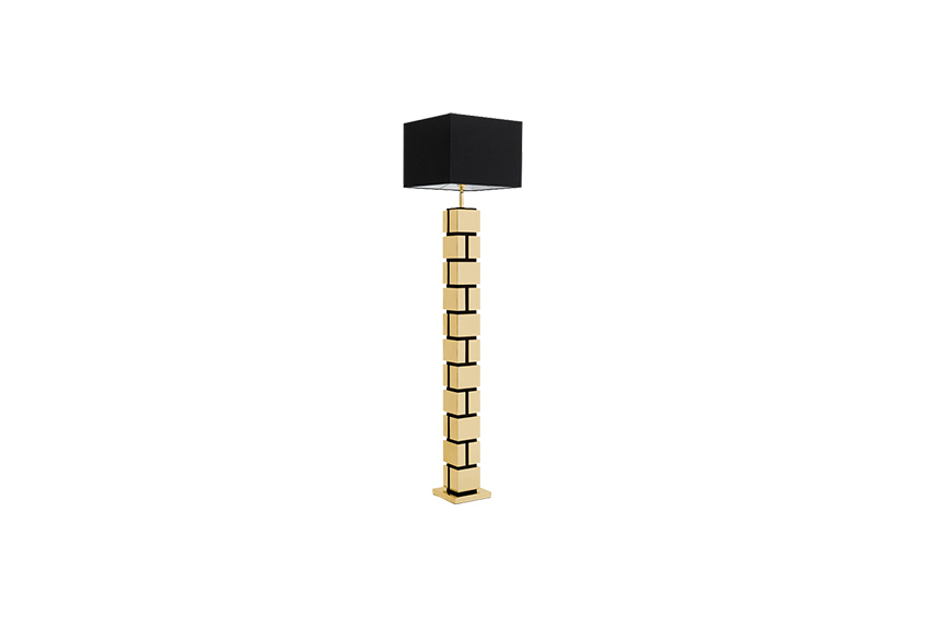Vloerlamp L | Goud geblokt met zwarte kap L40xB40xH175