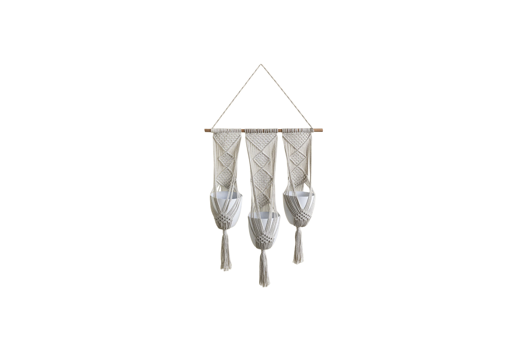 Deco | Boho macramé hangende plantenbak beige incl. bloempotjes L123xB65