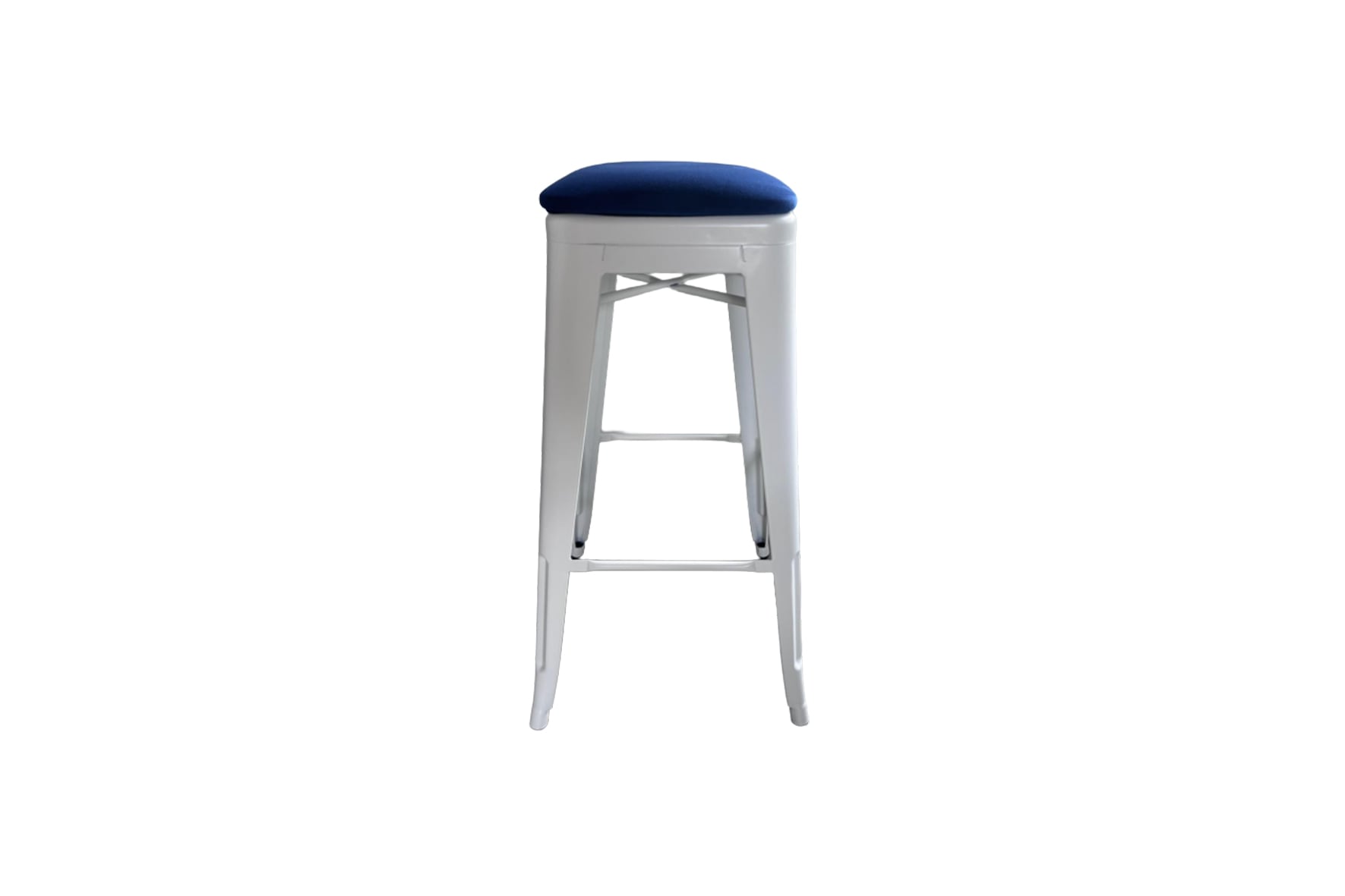 Industrieel Tolix barkruk wit mat met blauwe zitting H77 (set)