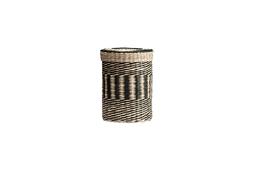 Basket black/natural round with lid Ø15xH20
