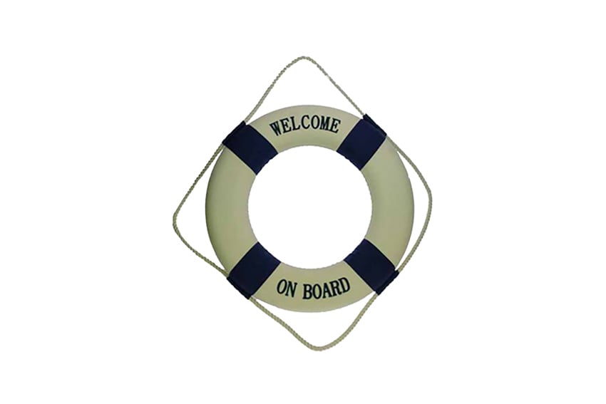 Deco | Reddingsboei wit/blauw 'welcome on board' Ø50