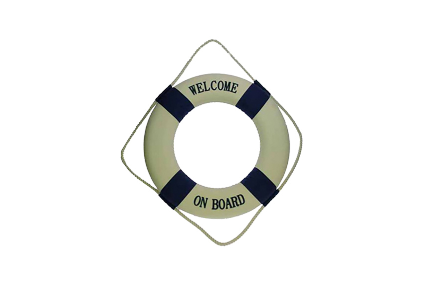 Deco | Reddingsboei wit/blauw 'welcome on board' Ø50